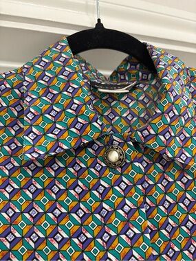 Vintage Geometric Print Button-Up Shirt - Teal & Gold